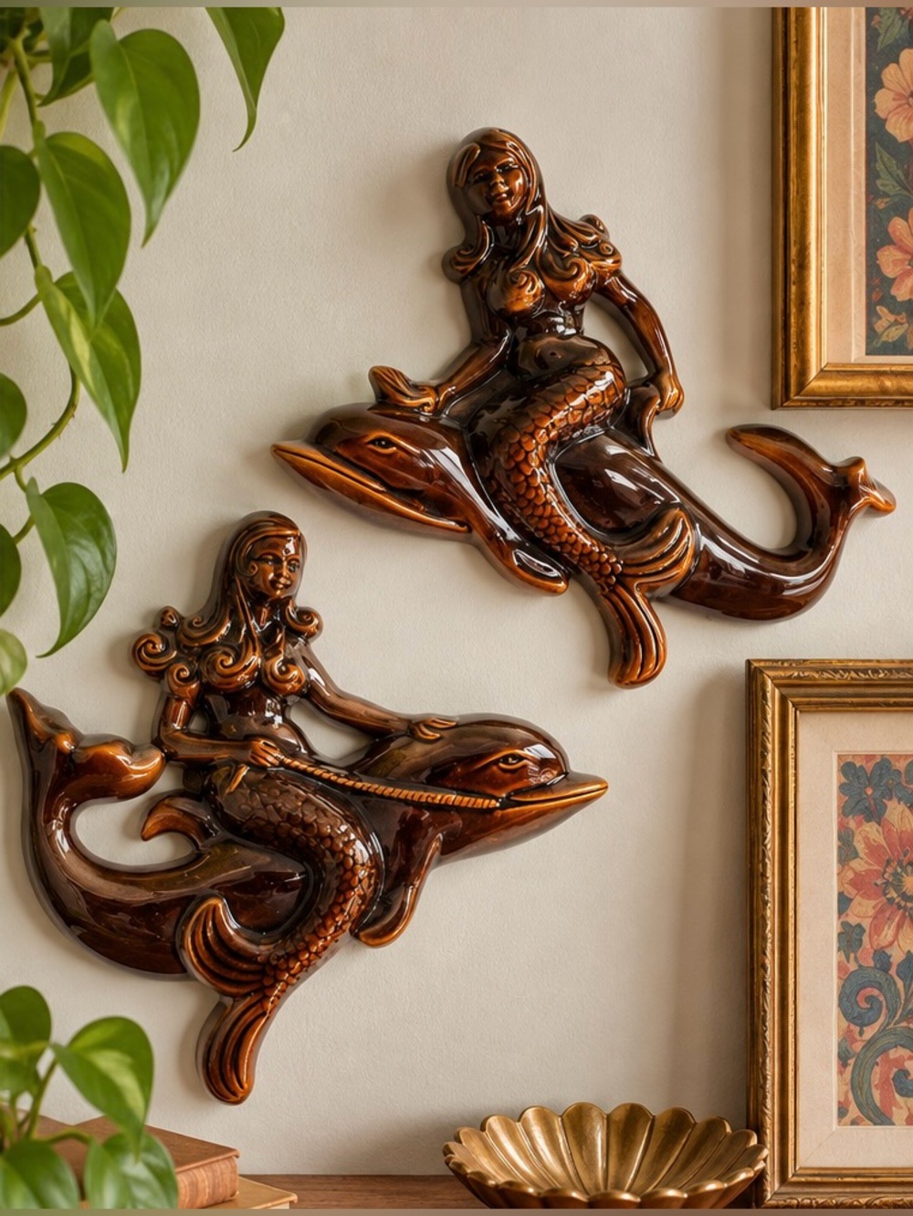 Vintage Ceramic Mermaid Riding Dolphin Wall Plaques Set of 2 Brown Glaze